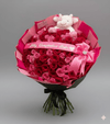 Deluxe 100 Red & Pink Roses Bouquet with Adorable Mini Pink Cow & Custom Ribbon